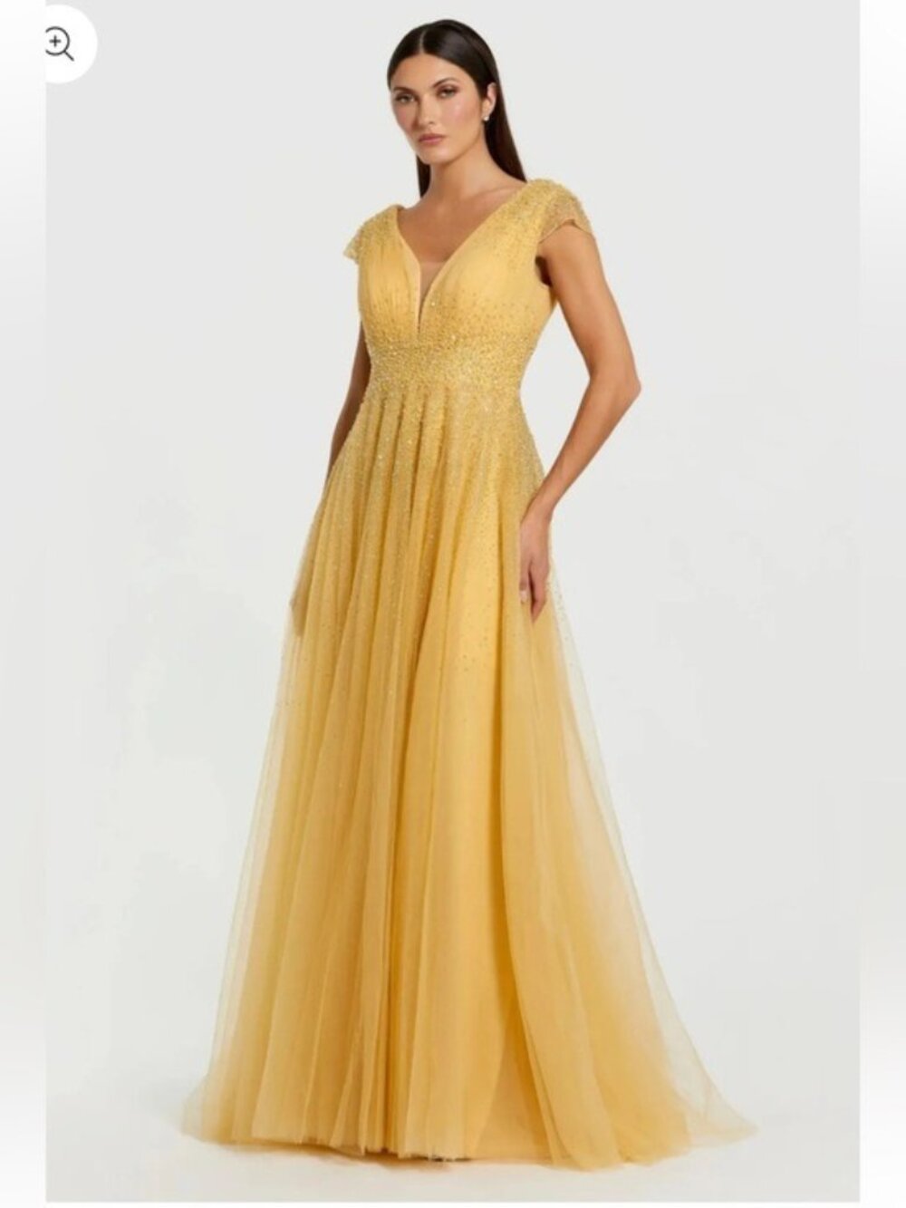 MAC DUGGAL Yellow Embellished Cap Sleeve V Neck Tulle Gown Sz 6